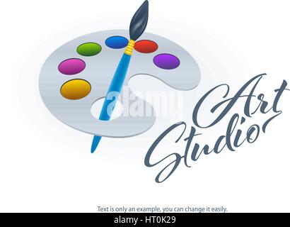 Paint brush and art palette design for painters, art studios and galleries. Realistic vector illustration template. Stock Vector
