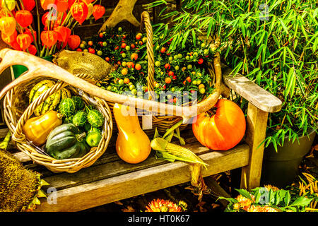 Autumn Basket or Fall Basket with Pumpkins, Butternut, Berries and other Colorful Fruits and vegetables Stock Photo