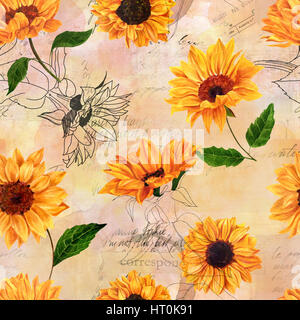 A seamless pattern with hand drawn vibrant yellow watercolor sunflowers on the background of old ephemera, vintage style floral repeat print Stock Photo