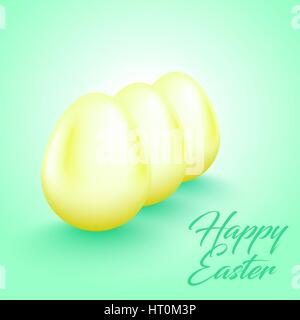 Light yellow eggs on fresh mint background. Bright greeting card with Happy Easter text. Three glossy lemon color egg in a row. Stock Vector