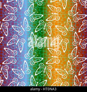 Seamless Background, Butterflies White Silhouettes on Colorful Striped Tile Pattern. Vector Stock Vector