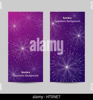 Set of vertical banners. Geometric pattern with connected lines and dots. Vector illustration on violet background. Stock Vector