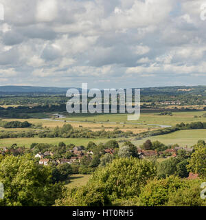 A view over the village of Amberley and the River Arun from the South Downs in West Sussex, UK. Stock Photo