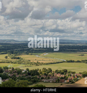 A view over the village of Amberley and the River Arun from the South Downs in West Sussex, UK. Stock Photo