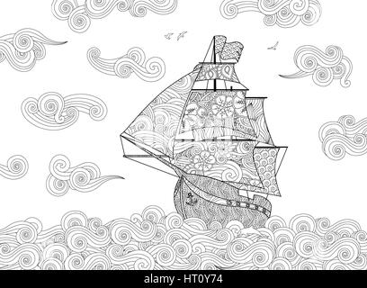 Contour image of sailing ship on the wave in zentangle inspired doodle style. Horizontal composition. Stock Vector