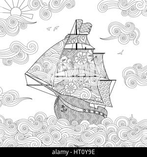 Ornate image of sailing ship on the wave in zentangle inspired doodle style. Square composition. Stock Vector