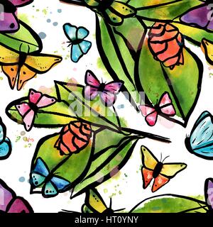 Seamless vector pattern with camellia buds and butterflies Stock Vector