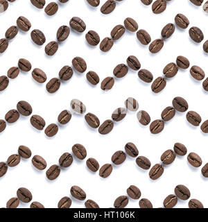 Beautiful trendy zigzag seamless pattern of coffee beans closeup on white background. Coffee border design. Top view or flat lay. Food background Stock Photo