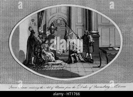 Queen Anne receiving the Act of Union from the Duke of Queensberry, 1707 (1793). Artist: Unknown. Stock Photo
