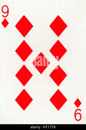 9 of Diamonds from a deck of Goodall & Son Ltd. playing cards, c1940. Artist: Unknown. Stock Photo