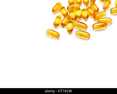 Many capsules Omega 3 on white background. Copy space for your text. High resolution product. Health care concept Stock Photo