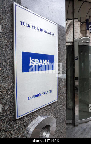 Sign at the entrance to the Turkish Isbank in London Stock Photo