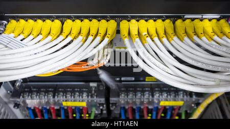 Lan cable plug in network switch in data center Stock Photo