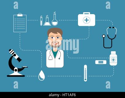 Young doctor character surrounded by medical icons. Physician in white coat with stethoscope smiling. Health care concept. Medical equipment. Vector Stock Vector