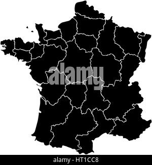 France map with borders of the regions. Detailed vector illustration of French Republic . Black outlines isolated on white background. Image for polit Stock Vector