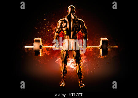 Flaming athlete with a barbell. View from the back. Stock Photo