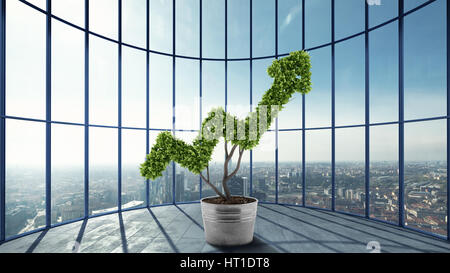 Plant that grows like an arrow at the office in a skyscraper. 3D Rendering. Growing the economy company Stock Photo