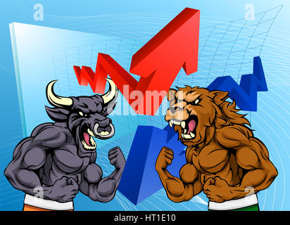 Financial concept of a cartoon bull versus a bear mascot characters in front of a stock market or profit graph