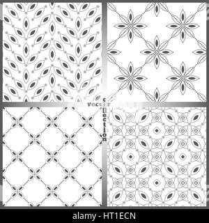 Seamless pattern. Set of four original textures. Regularly repeating geometrical elements, shapes, dots, dotted lines, zigzags, rhombuses, ovals, star Stock Vector