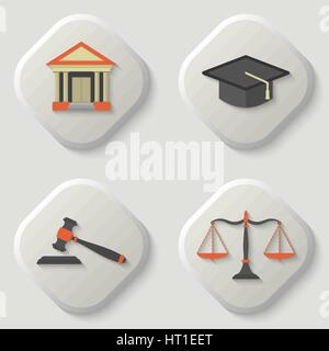 Set of icons of a judicial subject. Judge hat icon. Scales of Justice icon. Weight balance. Gavel icon. Auction hammer. Court house icon. Flat. Vector Stock Vector