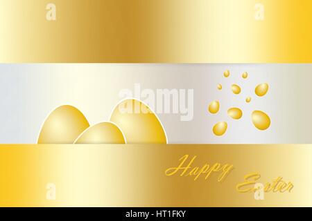 Three golden eggs with white borders are lying behind the golden rectangle with golden inscription Happy Easter. Another golden eggs are falling from  Stock Vector