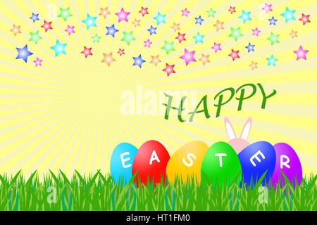 Colorful eggs with words Easter are lying in the grass. Inscription Happy is over the eggs.  Colorful stars are in the top. Bunny is hiding behind egg Stock Vector