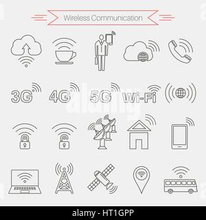 Set of icons of wireless communications. Home and mobile networks. Cloudy storage. Internet cafe. Satellite communication. Thin line style. Vector ele Stock Vector