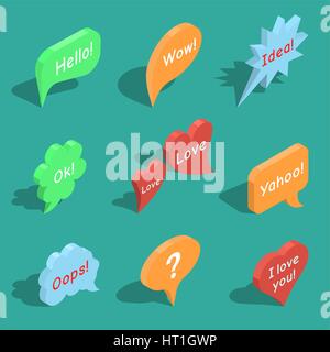 Set of isometric speech bubbles with expression of various emotions or with any other text. Vector element of graphic design Stock Vector