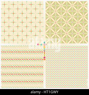 Seamless pattern. Set of four stylish abstract color backgrounds. Simple original colourful textures with regularly repeating geometrical shapes. Vect Stock Vector