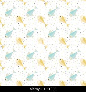 Seamless pattern. Abstract colorful background. Simple animation texture with regularly repeating shapes, fishes and dots. Vector element of graphic d Stock Vector