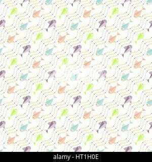 Seamless pattern. Abstract colorful background. Simple animation texture with regularly repeating shapes, fishes and dotted waves. Vector element of g Stock Vector