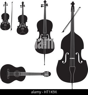 Music instruments vector set. Stringed musical instrument silhouette on white background. Stock Vector