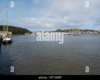 View across Conwy harbour with moored yachts looking towards Deganwy North Wales UK Stock Photo