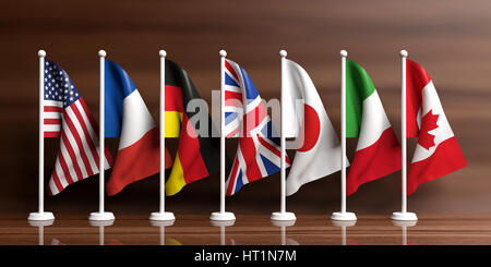 G7 - G8 miniature flags on wooden background. 3d illustration Stock Photo