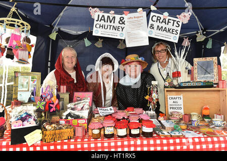 Woman's Institute display Homemade Jams and chutneys for sale on the Women's Institute stall, Bingley Yorkshire UK Stock Photo