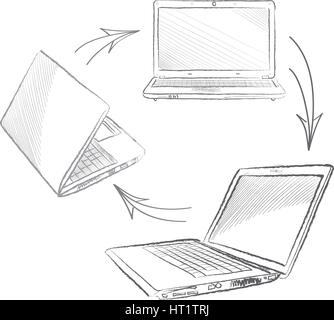Laptop set. Computer hand drawn sketch doodle engraved illustration. Gadget different view isolated on white background Stock Vector