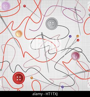 Needle and thread seamless pattern. Sewing needle and thread with buttons. Sewing Accessories seamless background. Stock Vector