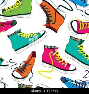 Sneakers tile background. Different sport shoes seamless pattern Stock Vector