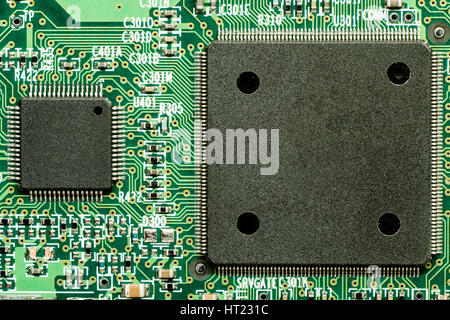 printed electronic circuit board with microprocessor and components Stock Photo