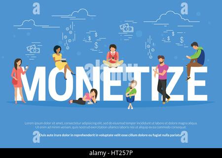 Monetize concept illustration of business people using devices for buying new apps and digital goods Stock Vector