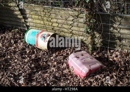 Empty oil cans in farmyard. Stock Photo