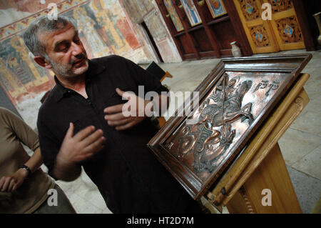 GELATI, GEORGIA - JULY 9: Old icon of Saint George in the front of the iconostasis in the Church of Virgin Mary the Blessed. Unesco heritage. On July  Stock Photo