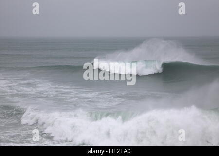 Johnny Leon surfing The Cribbar, Newquay, as Storm Doris lashes the north coast.  Featuring: Johnny Leon Where: Newquay, Cornwall, United Kingdom When: 03 Feb 2017 Stock Photo