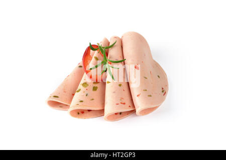 Sliced Bavarian sweet pepper sausage with rosemary on white background Stock Photo