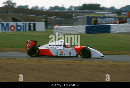 1994 McLaren Peugeot MP4-9 Martin Brundle, tyre testing at Silverstone Artist: Unknown. Stock Photo