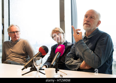 Hamburg, Germany. 06th Mar, 2017. Actor John Malkovich (R) delivers remarks as he sits next to director Michael Sturminger and musician/organist Martin Haselboeck (L) during a press briefing at the Elbe Philharmonic Hall in Hamburg, Germany, 06 March 2017. Malkovich is playing a dictator in the musical 'Just Call me God' set to premiere in the Elbe Philharmonic Hall on 08 March 2017. Photo: Christian Charisius/dpa/Alamy Live News Stock Photo