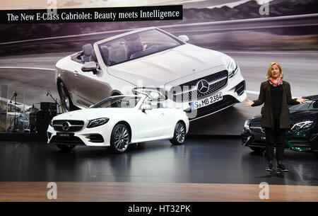 Geneva, Switzerland. 7th March 2017. Britta Seeger, sales director at Mercedes Benz cars presents the new Mercedes-Benz E-Class Cabriolet at the first press day of the Geneva International Motor Show, Switzerland, 7 March 2017. Credit: dpa picture alliance/Alamy Live News