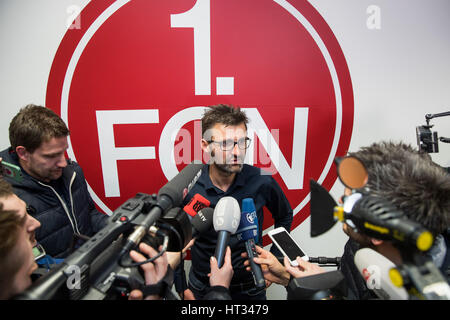 Michael Koellner, the new interim coach of 2nd Bundesliga soccer club 1. FC Nuremberg, speaks to journalists in Nuremberg, Germany, 7 march 2017. The former U21 team coach replaces former coach Schwartz, who was layed off before. Photo: Daniel Karmann/dpa Stock Photo