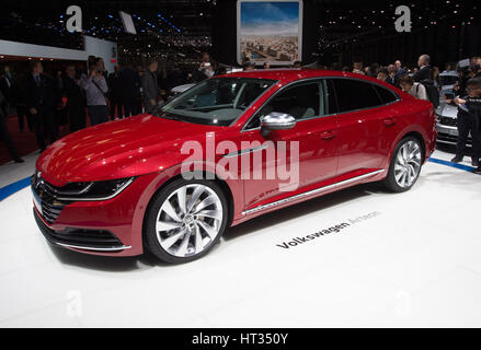 Geneva, Switzerland. 7th Mar, 2017. A Volkswagen Arteon car is seen on the first press day of the 87th International Motor Show in Geneva, Switzerland, on March 7, 2017. This year's Geneva International Motor Show hosts some 180 exhibitors and exhibits about 900 models including 148 world or European premieres. Credit: Xu Jinquan/Xinhua/Alamy Live News Stock Photo