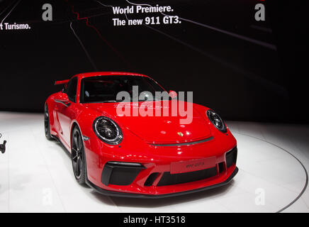 Geneva, Switzerland. 7th Mar, 2017. A Porsche 911 GT3 car is seen on the first press day of the 87th International Motor Show in Geneva, Switzerland, on March 7, 2017. This year's Geneva International Motor Show hosts some 180 exhibitors and exhibits about 900 models including 148 world or European premieres. Credit: Xu Jinquan/Xinhua/Alamy Live News Stock Photo